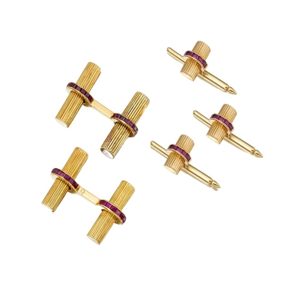 Tiffany & Co. 14K Gold & approx 5.7 tcw Ruby Dress Set with Cufflinks Circa 1945